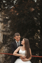Happy wedding couple hugging and smiling each other on the background gorgeous plants in castle