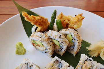 Soft shell crab tempura roll sushi on a plate
