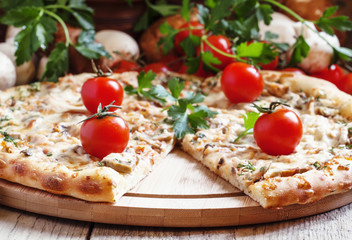Vegetarian pizza with mushrooms, cheese and tomatoes, selective