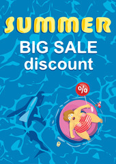 Summer big discount. Shark around a fat man on mattress