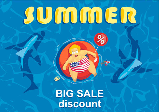 Summer big discount. Shark around a fat man on mattress