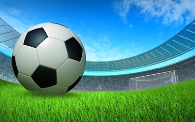 soccer ball close up in front of the gate at the stadium, sports soccer background, backdrop, wallpaper