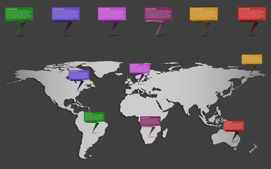 World map infographic with set of ribbons or pointers. Infographics world map.