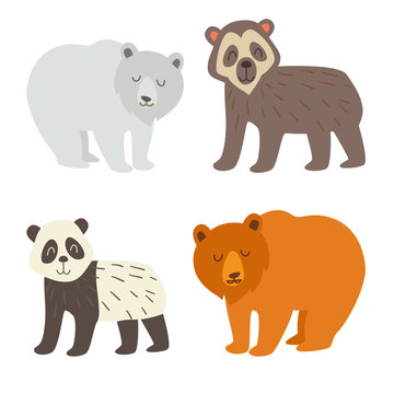 Polar bear, spectacled bear, panda and brown bear set. Flat cartoon vector illustration, isolate on white  background