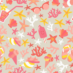 Fototapeta premium Summer seamless pattern with ice-cream, suglases, cocktail, starfish, coral, flip flop sandals. Vacation funny background