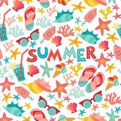 Summer seamless pattern with ice-cream, suglases, cocktail,  starfish, coral, flip flop sandals. Vacation funny background