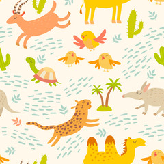 Cartoon african animals seamless pattern. Cute leopard, aardvark, camel, antelope, birds, turtle. Children's wallpapers