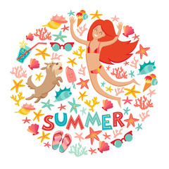 Summertime card. Circle cartoon design .with summer icons, girl with a dog and text. Isolated vector illustration on white background