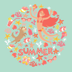 Summertime card. Circle cartoon design .with summer icons, girl with a dog and text. Vector illustration