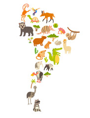 Animals world map, Sourth America. Colorful cartoon vector illustration for children and kids. Preschool, education, baby, continents, oceans, drawn, Earth. - 107281674