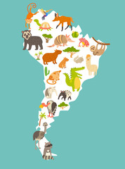 Animals world map, Sourth America. Colorful cartoon vector illustration for children and kids. Preschool, education, baby, continents, oceans, drawn, Earth. - 107281687