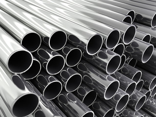 3d render of metal pipes stacked in pile isolated as a backgroun