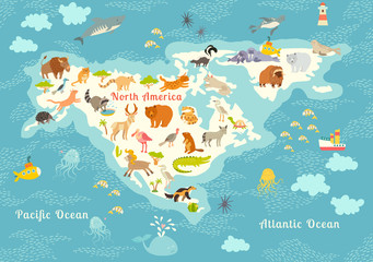 Fototapeta na wymiar Animals world map, North America. Colorful cartoon vector illustration for children and kids. Preschool, education, baby, continents, oceans, drawn, Earth