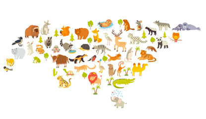 Animals world map, Eurasia. Colorful cartoon vector illustration for children and kids. Preschool, education, baby, continents, oceans, drawn, Earth