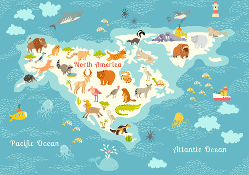 Animals world map, North America. Colorful cartoon vector illustration for children and kids. Preschool, education, baby, continents, oceans, drawn, Earth
