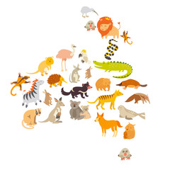 Australian mammal map silhouettes. Isolated on white background vector illustration. Colorful cartoon illustration for children, kids and oher people. Preschool, education