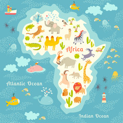 Animals world map, Africa. Beautiful cheerful colorful vector illustration for children and kids. With the inscription of the oceans and continents. Preschool, baby, continents, oceans, drawn, Earth - 107282037