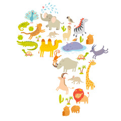 African mammal map silhouettes. Isolated on white background vector illustration. Colorful cartoon illustration for children, kids and oher people. Preschool, education