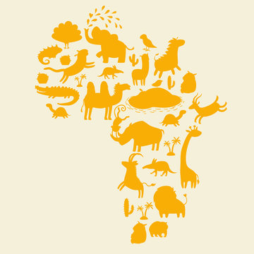 African animals silhouettes set. Vector illustration. The contour of the continent of Africa