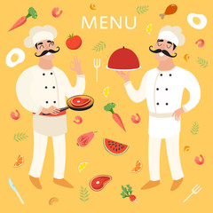 Set of two chef on yellow background with food  elements. The first cartoon mustache chef prepares steak. In his hands, a pan and a sign okay in the other hand. Second chef with dish