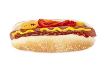 hotdog sandwich with slices of onion and tomatoes