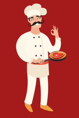 Chef with a frying pan with the meat (steak) in his left hand and his left hand okay sign. Cartoon flat character, isolated on the red background