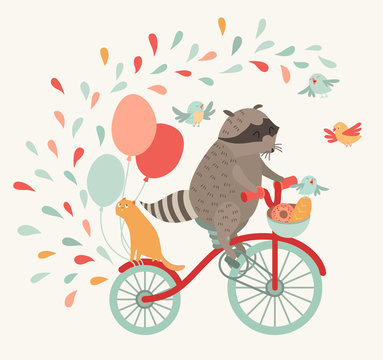 Cute raccoon on a bicycle with a cat, birds, balloons and drops. Trip, journey. Vector illustration. Print on the fabric, a poster on the wall, an invitation for children or anything else