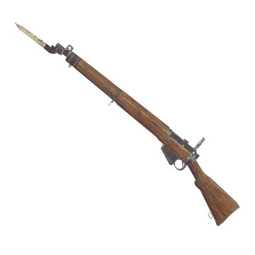 old rifles 3D illustration. cross weapons. icon guns. cracked wood barrel. bayonet knife with blood. white background