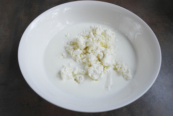 Fresh cottage cheese and milk / yogurt are in a white dish. Ingredients for dough for cheesecakes. Preparation for cooking. 