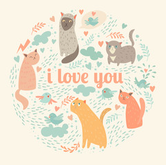 I love you card. Cute cartoon cats. Pattern background, romantic vector illustration