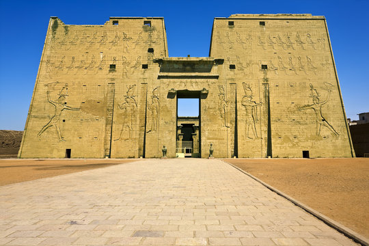 Egypt. Edfu. The Temple of Horus (also known as the Temple of Edfu) - the first pylon with the main entrance