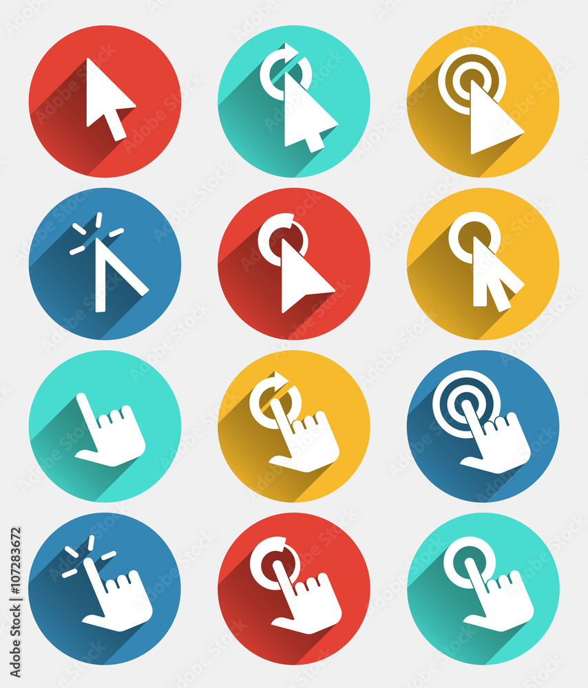 Poster hand cursor signs, arrow pointer symbols and click icons with long shadows vector set