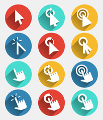 Hand cursor signs, arrow pointer symbols and click icons with long shadows vector set