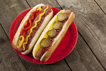 a plate with two hotdog sandwich