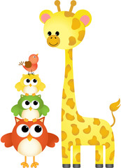 Cute giraffe with owls and bird
