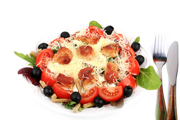 homemade chicken Caesar salad black olives cheese lettuce tomato croutons isolated on white background