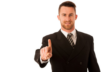 Happy young businessman in suit and tie presenting, promoting, a