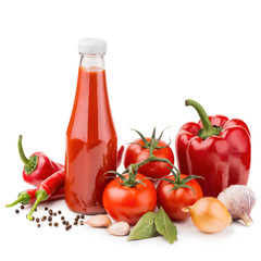 Bottle of ketchup and raw ingredients isolated on white