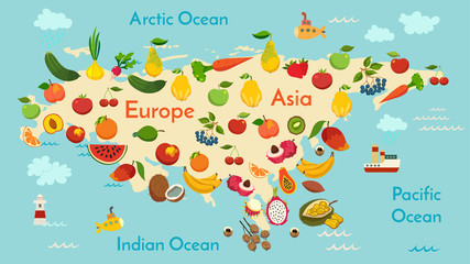 Fruit world map, Eurasia. Vector illustration, preschool, baby, continents, oceans, drawn, Earth.