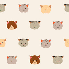 Cute cats vector pattern, illustrations on colored background.