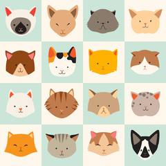 Set of cute cats icons, vector flat illustrations. Cat breeds, pattern, card, game graphics.