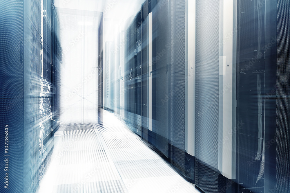 Aufkleber ranks of modern server hardware in data center with blur and motion