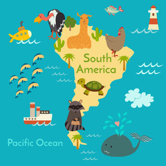 Animals world map, Sorth America. Vector illustration, preschool, baby, continents, oceans, drawn, Earth.