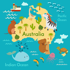 Animals world map, Australia. Vector illustration, preschool, baby, continents, oceans, drawn, Earth.