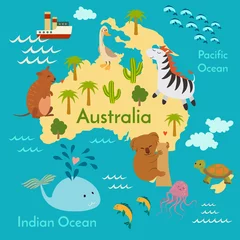 Weltkarte der Tiere, Australien. Vektorillustration, Vorschule, Baby, Kontinente, Ozeane, gezeichnet, Erde. © coffeee_in