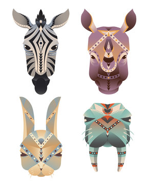 Set Of The Geometric Abstract Animals Head. Zebra, Rhino, Hare, Walrus. Hipster Illustration, Print, Icon, Card On White Background.