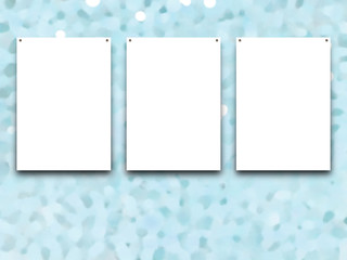 Close-up of three nailed blank frames on aqua out of focus abstract art background