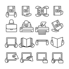 Sixteen flat  black outline computer icons isolated on white