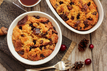 Bread pudding in a white ramekin top view