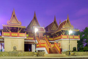 Thai style pavilion / Traditional wooden Thai style pavilion at twilight, Wat pho Thong, Bangkok,...